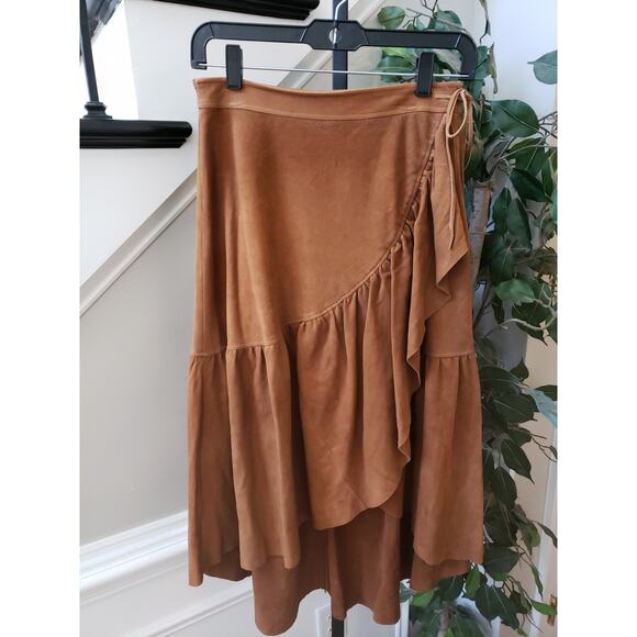 Ulla Johnson Tiered Skirt Womens Small Brown Tencel Miko Suede Ruffle Tie Waist
